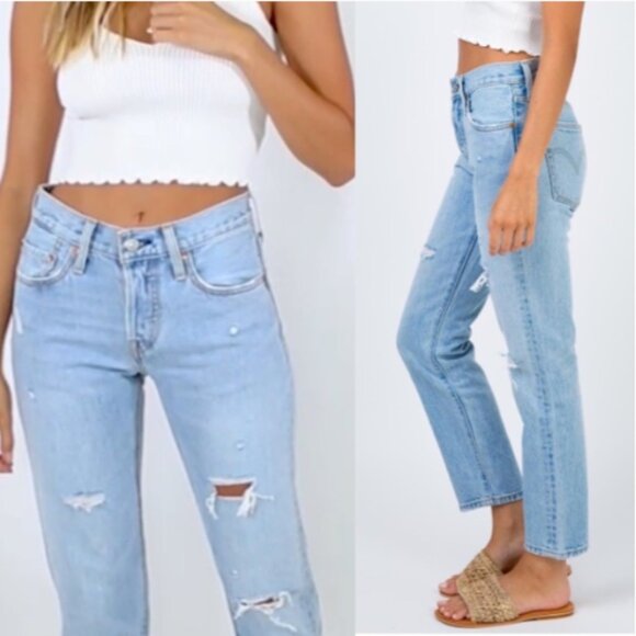 Levi's 501 T Tapered Jeans Light Wash Button Fly Ankle Crop Unisex Size 24 x 28 - Picture 2 of 16